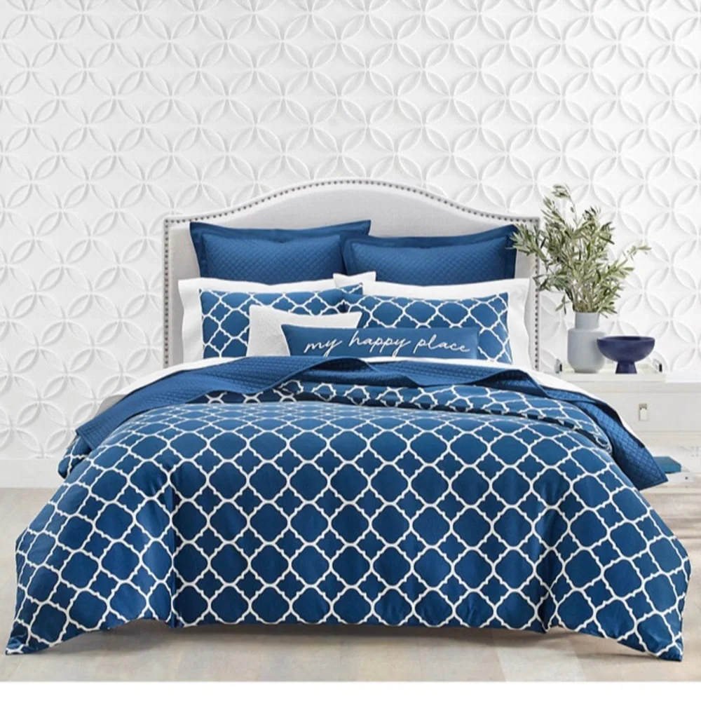 NWT Charter Club Geometric Dove 2 PC Duvet Cover Set, Twin, Navy Peony